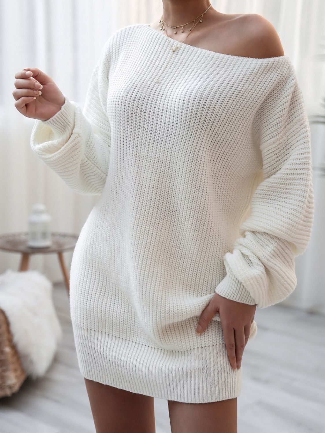 Gray Rib-Knit Balloon Sleeve Boat Neck Sweater Dress Dresses