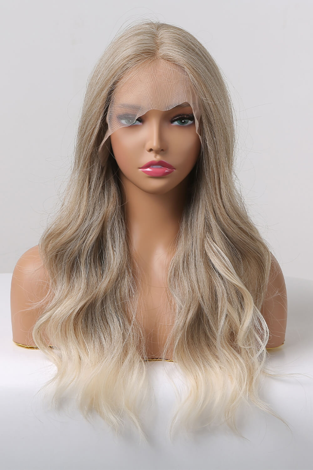 Light Gray Summer 13*2" Lace Front Wigs Synthetic Long Wave 24" 150% Density in Medium Blonde Highlights Wigs