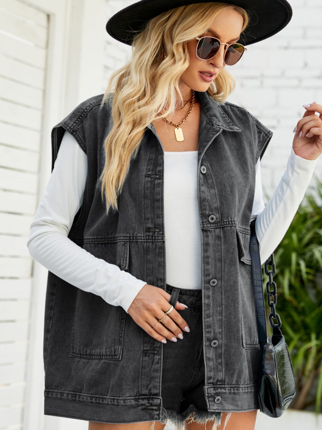 Dark Slate Gray Collared Neck Sleeveless Denim Top with Pockets Denim