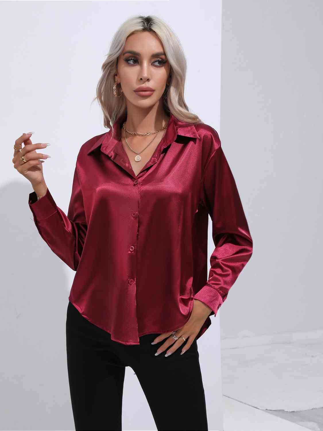 Light Gray Modern Times Collared Neck Buttoned Long Sleeve Shirt Satin Tops