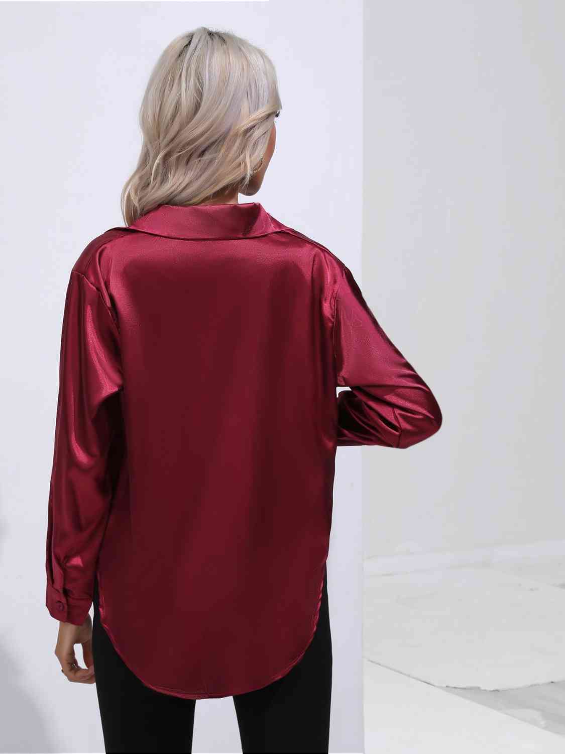 Dark Red Modern Times Collared Neck Buttoned Long Sleeve Shirt Satin Tops