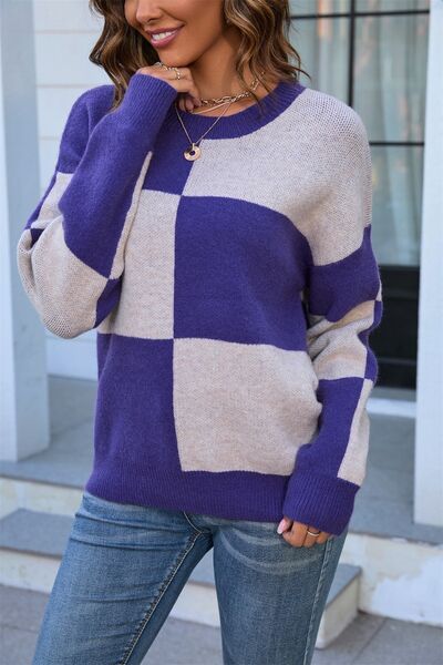 Dark Gray Color Block Round Neck Dropped Shoulder Sweater Capsule