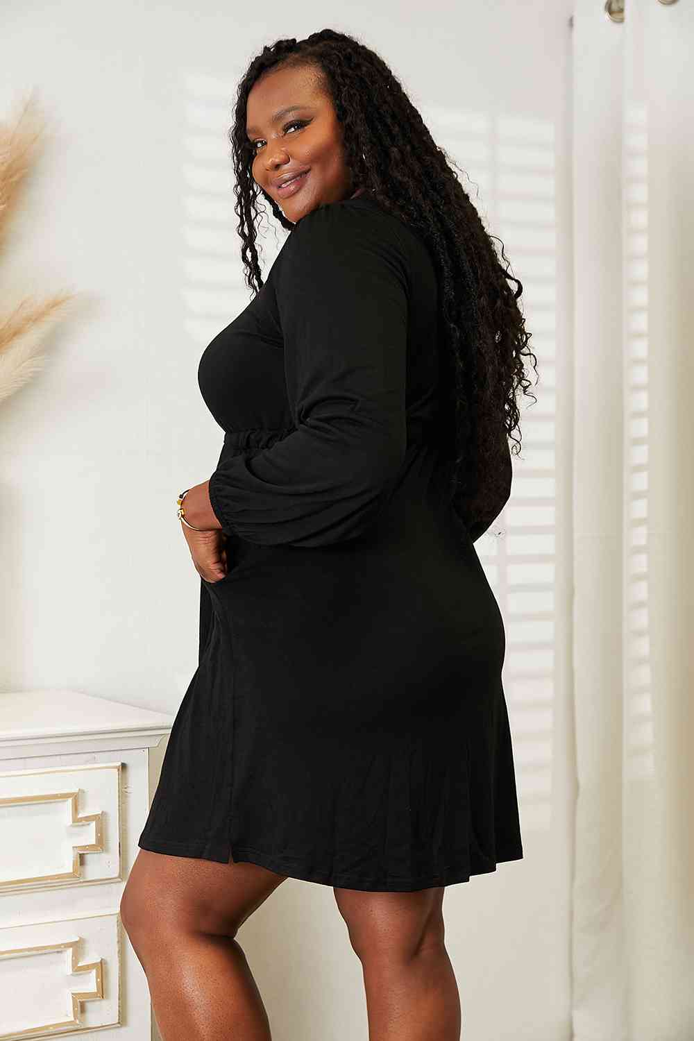 Black Double Take Scoop Neck Empire Waist Long Sleeve Magic Dress Work Attire