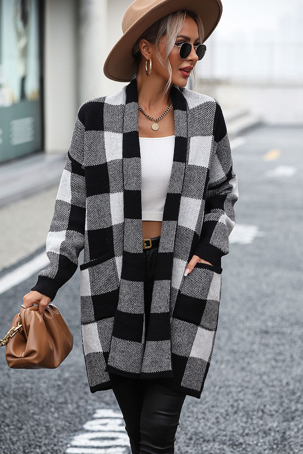 Gray Plaid Dropped Shoulder Cardigan with Pocket