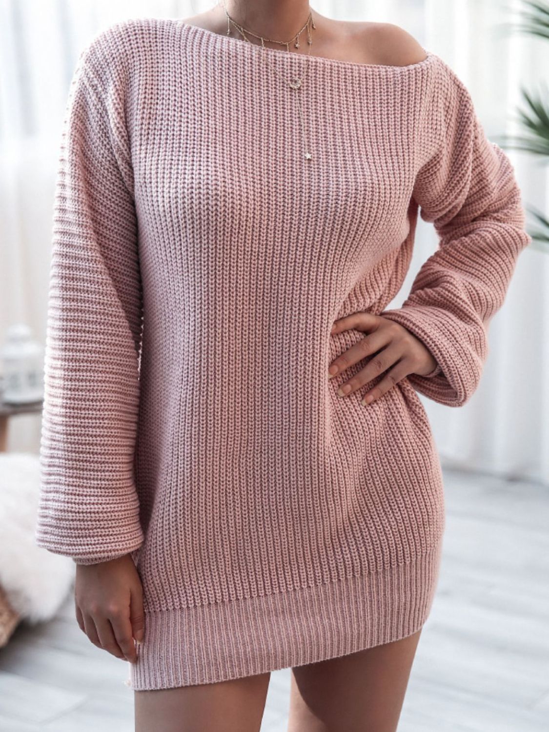 Rosy Brown Rib-Knit Balloon Sleeve Boat Neck Sweater Dress Dresses