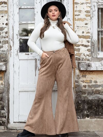 Rosy Brown Plus Size Pocketed Flare Pants Plus Size Clothing