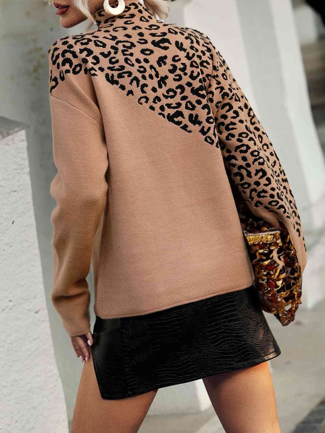 Rosy Brown Leopard Mock Neck Dropped Shoulder Sweater Trends