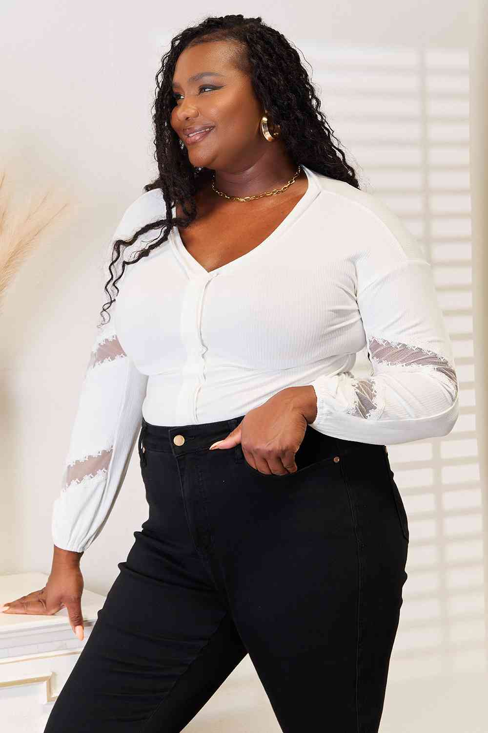 Black Double Take V-Neck Dropped Shoulder Blouse Work Attire