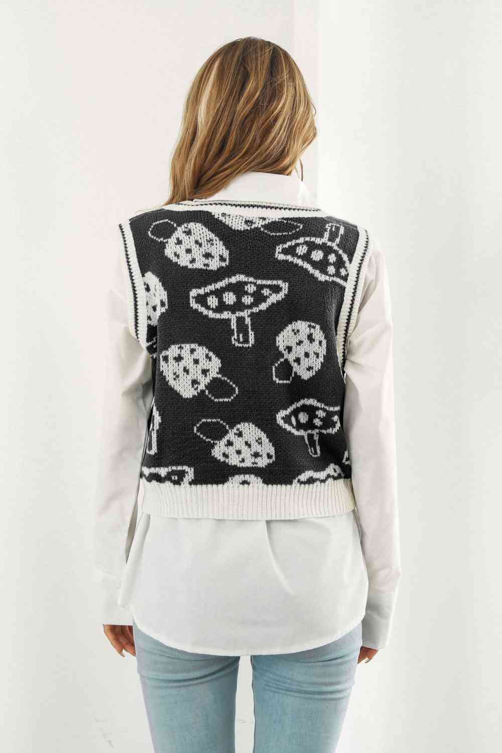 Light Gray Printed Plunge Neck Sweater Vest Winter Accessories