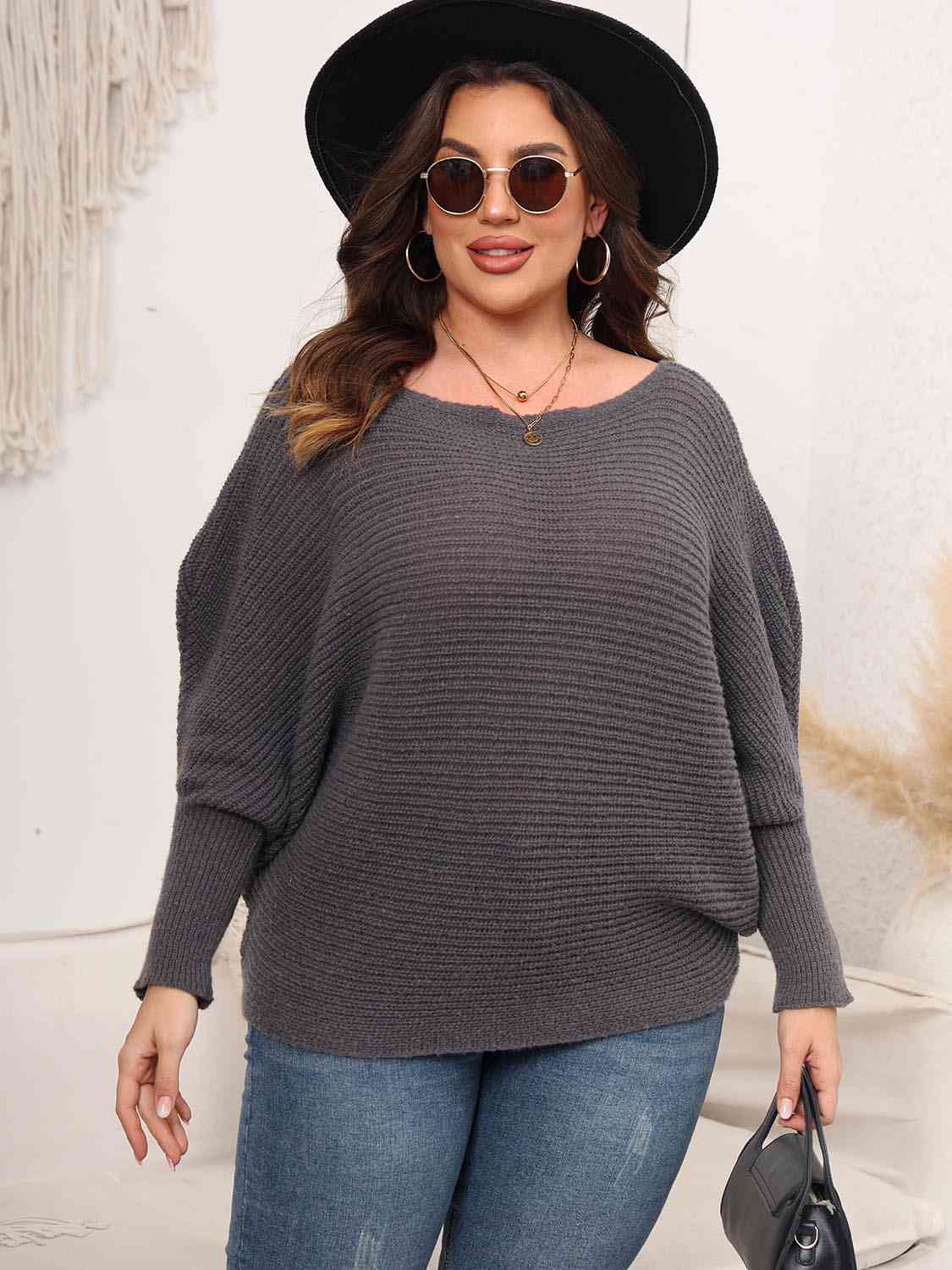 Light Gray Full Size Boat Neck Batwing Sleeve Sweater Plus Size Clothes