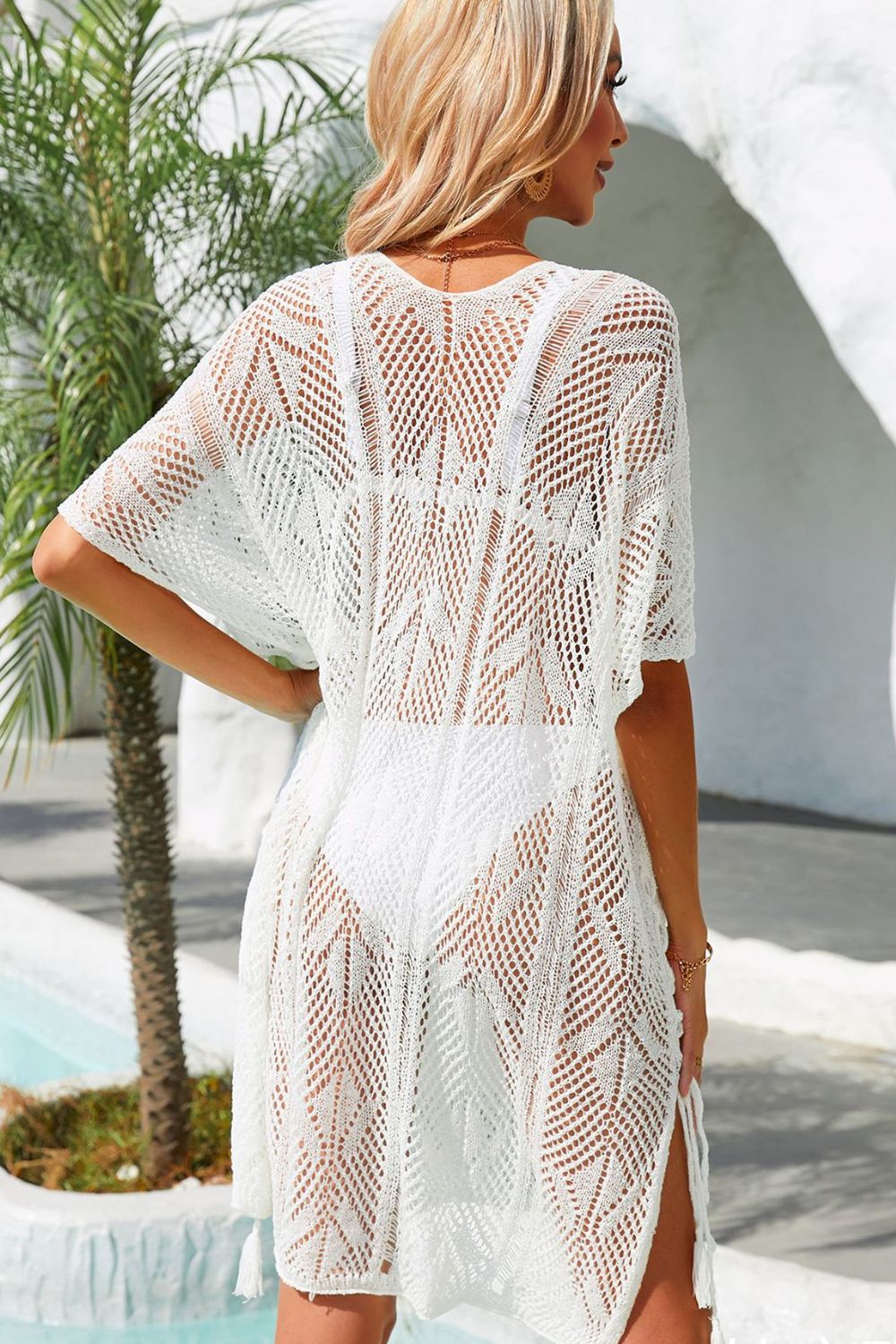 Light Gray Side Slit Tassel Openwork Cover-Up Dress Clothes