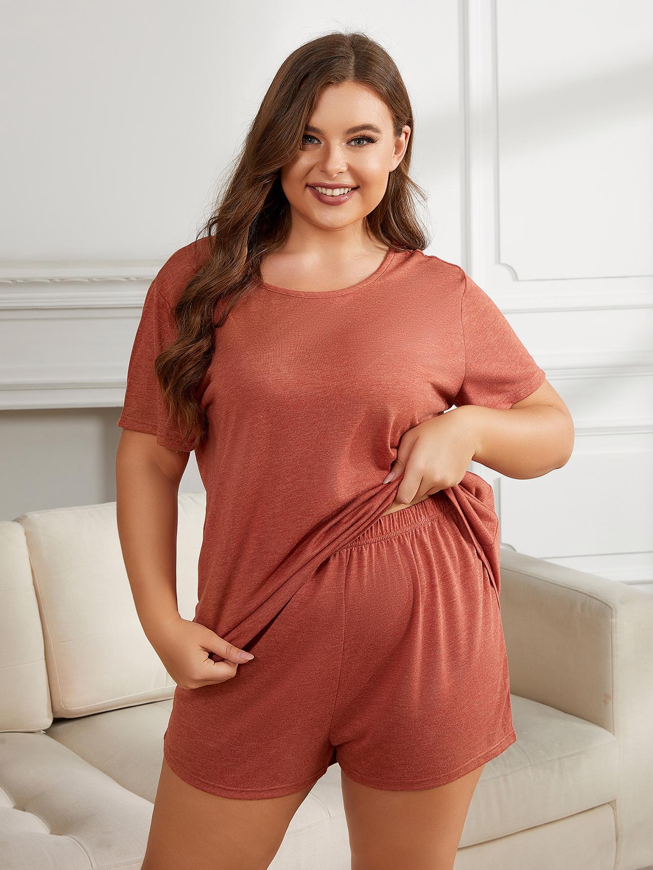Light Gray Cozy Season Plus Size Round Neck Short Sleeve Two-Piece Loungewear Set Plus Size Loungewear