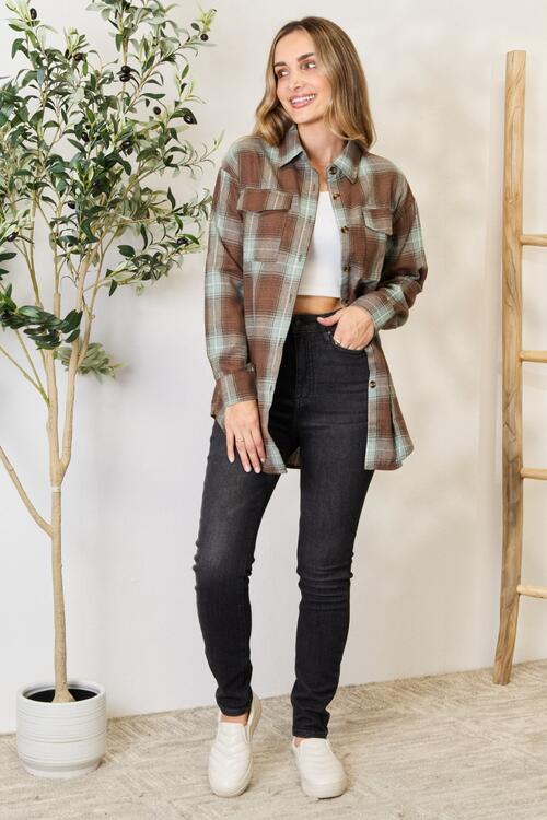 Light Gray Double Take Plaid Dropped Shoulder Shirt Clothing