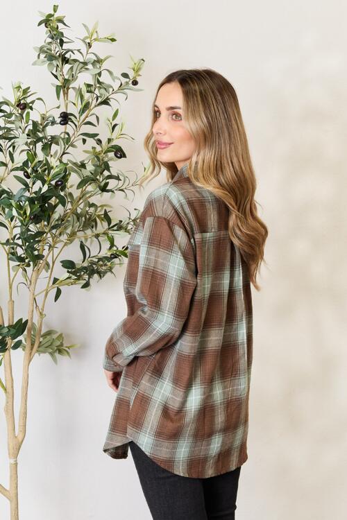 Light Gray Double Take Plaid Dropped Shoulder Shirt Clothing