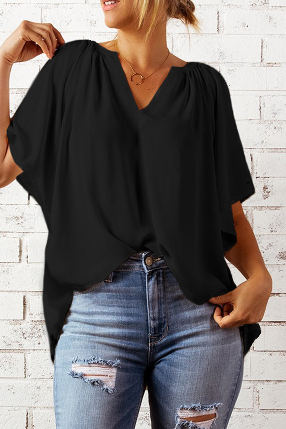 Light Gray Simply Chic Gathered Detail Notched Neck Flutter Sleeve Top Tops