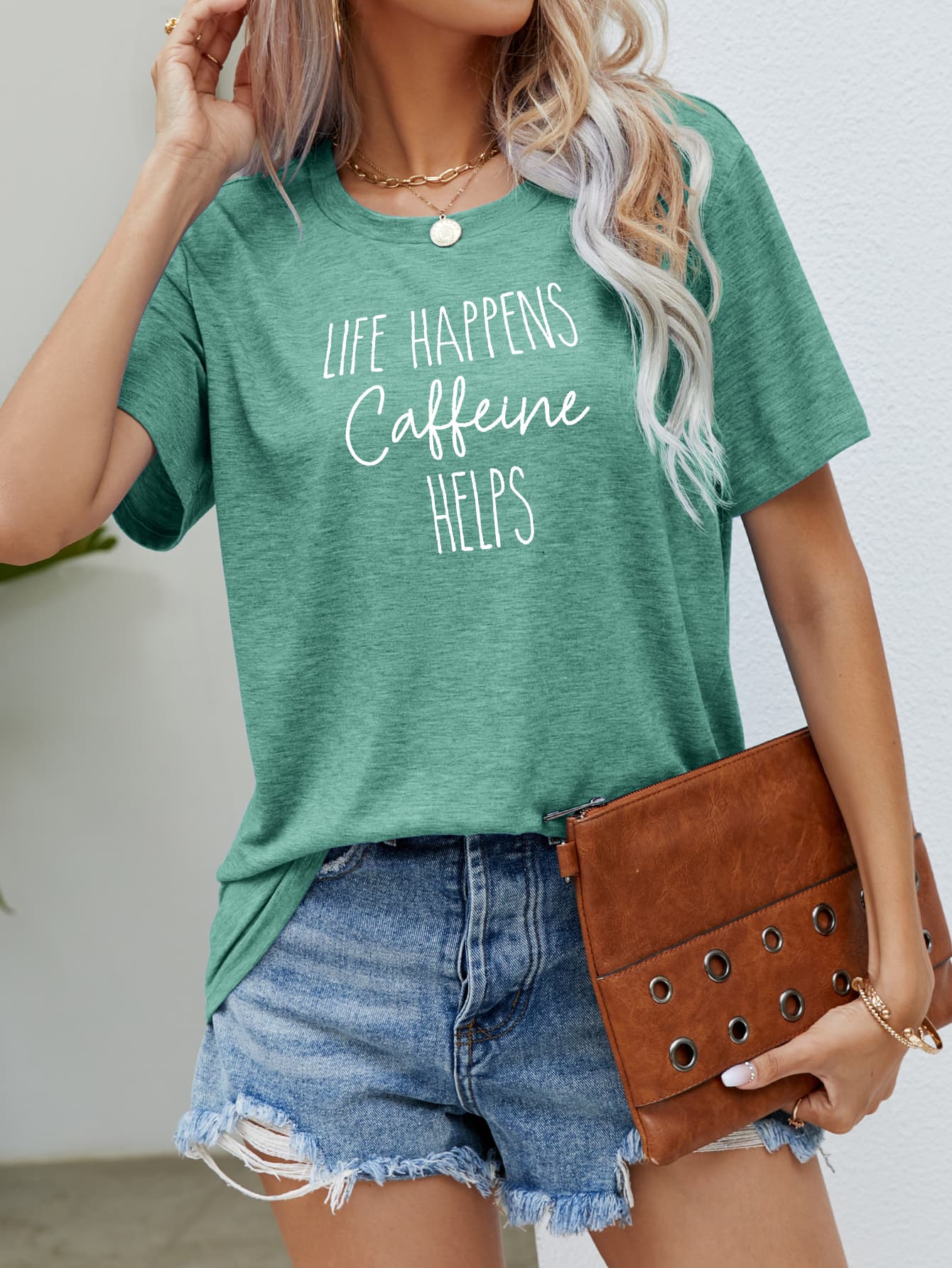 Dark Gray LIFE HAPPENS CAFFEINE HELPS Graphic Tee Tops