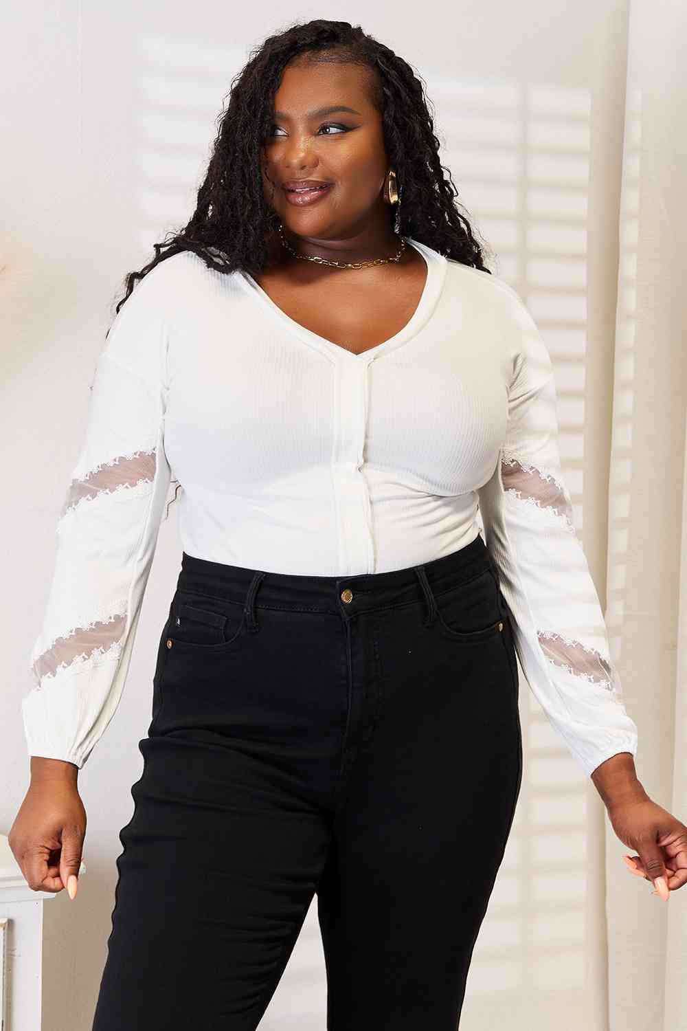 Black Double Take V-Neck Dropped Shoulder Blouse Work Attire