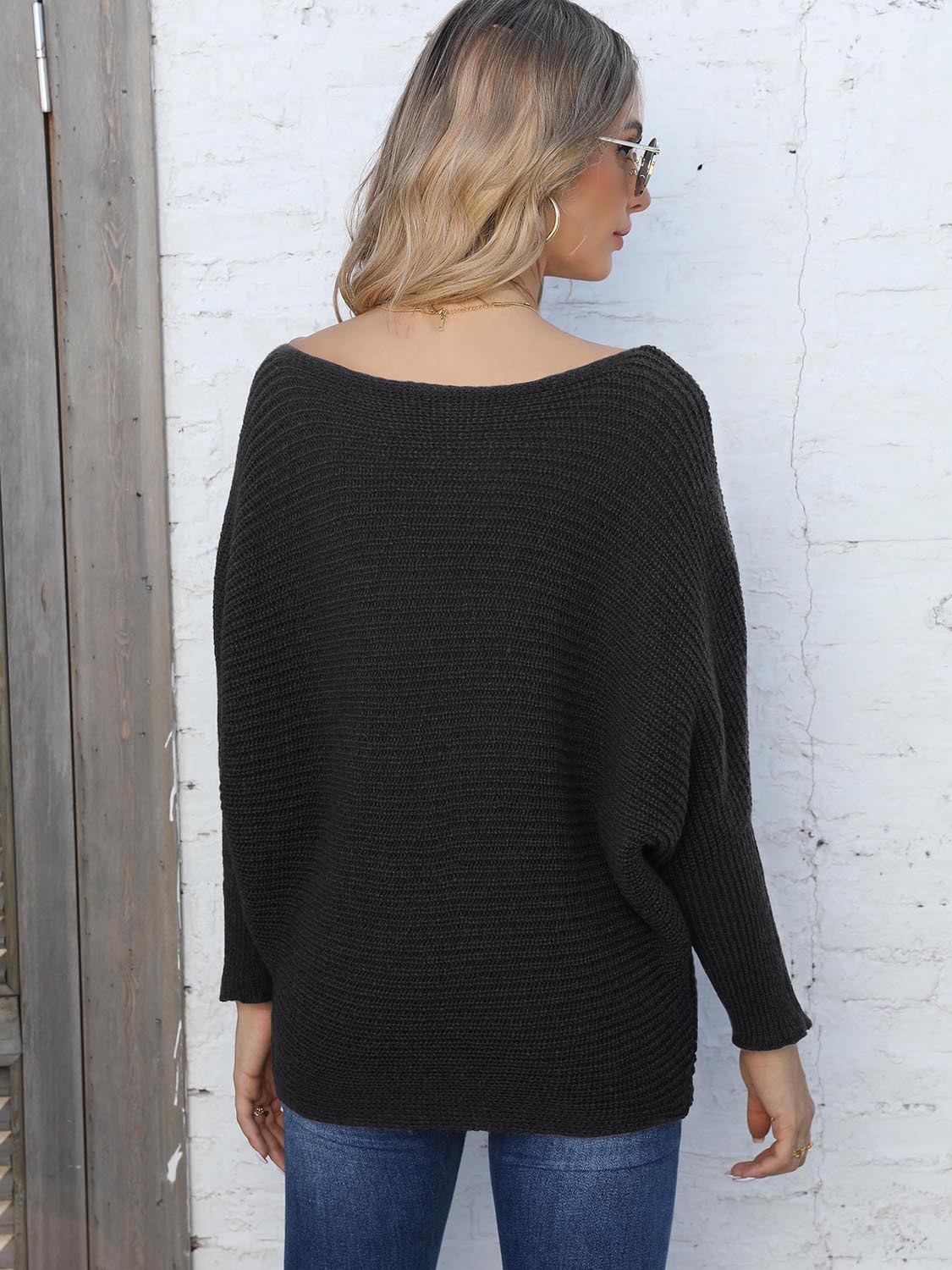 Gray Full Size Horizontal Ribbing Dolman Sleeve Sweater