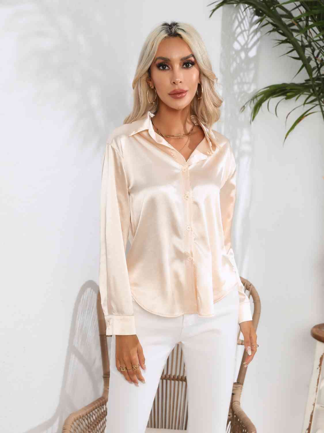Light Gray Modern Times Collared Neck Buttoned Long Sleeve Shirt Satin Tops