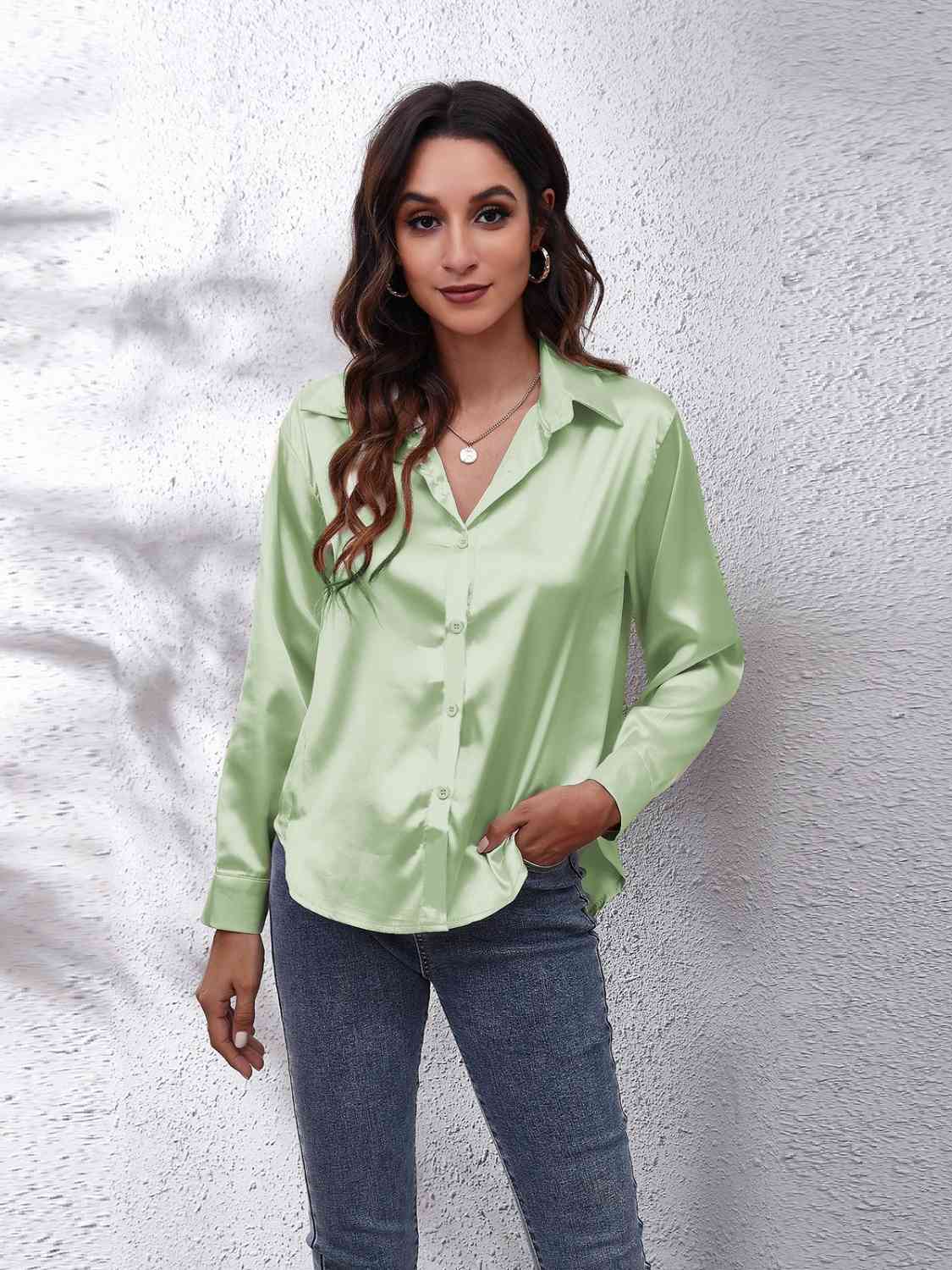 Light Gray That Girl Collared Neck Buttoned Long Sleeve Satin Shirt Long Sleeve Tops