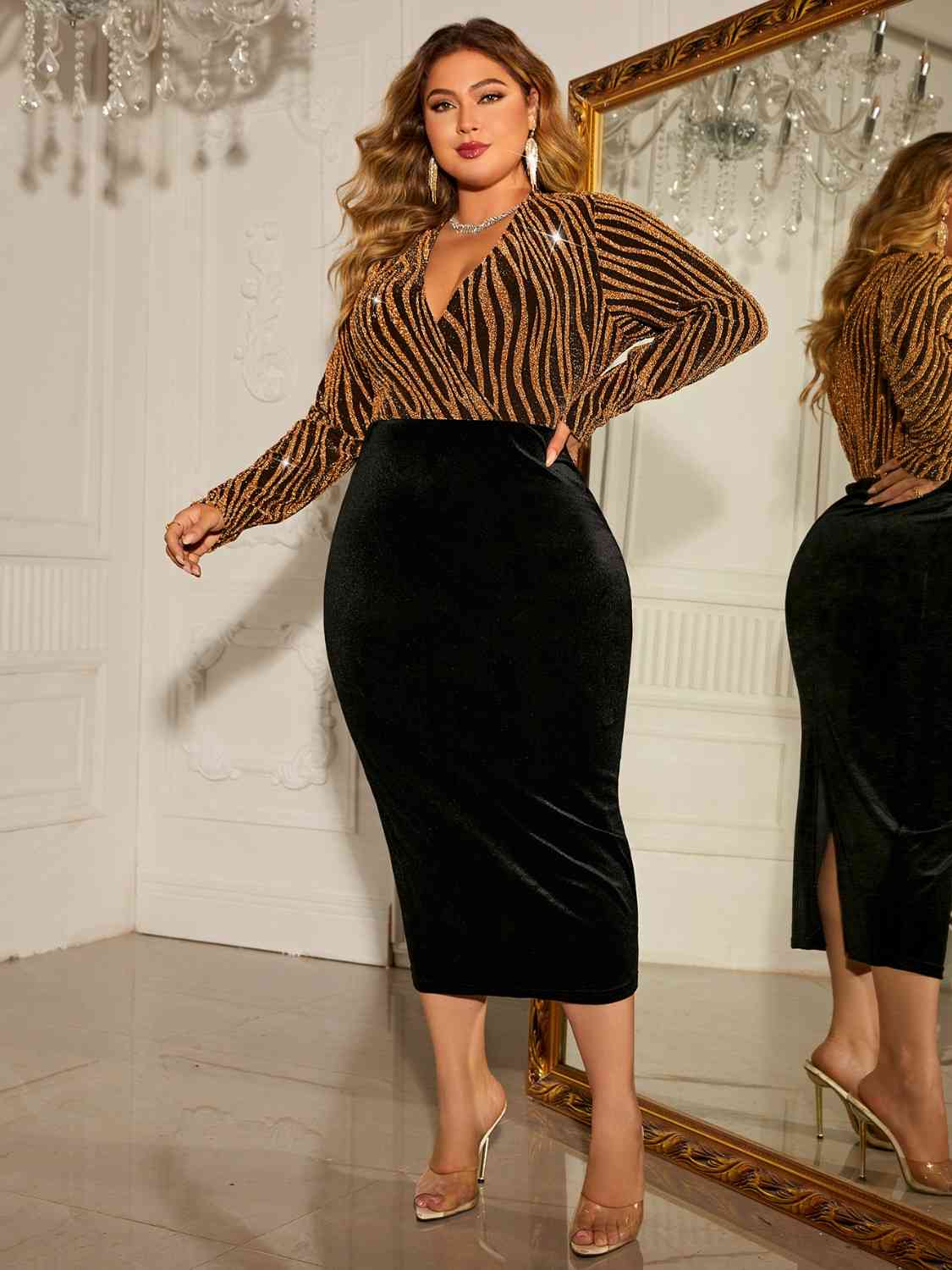 Rosy Brown It Girl Plus Size Surplice Neck Long Sleeve Slit Dress Plus Size Dresses