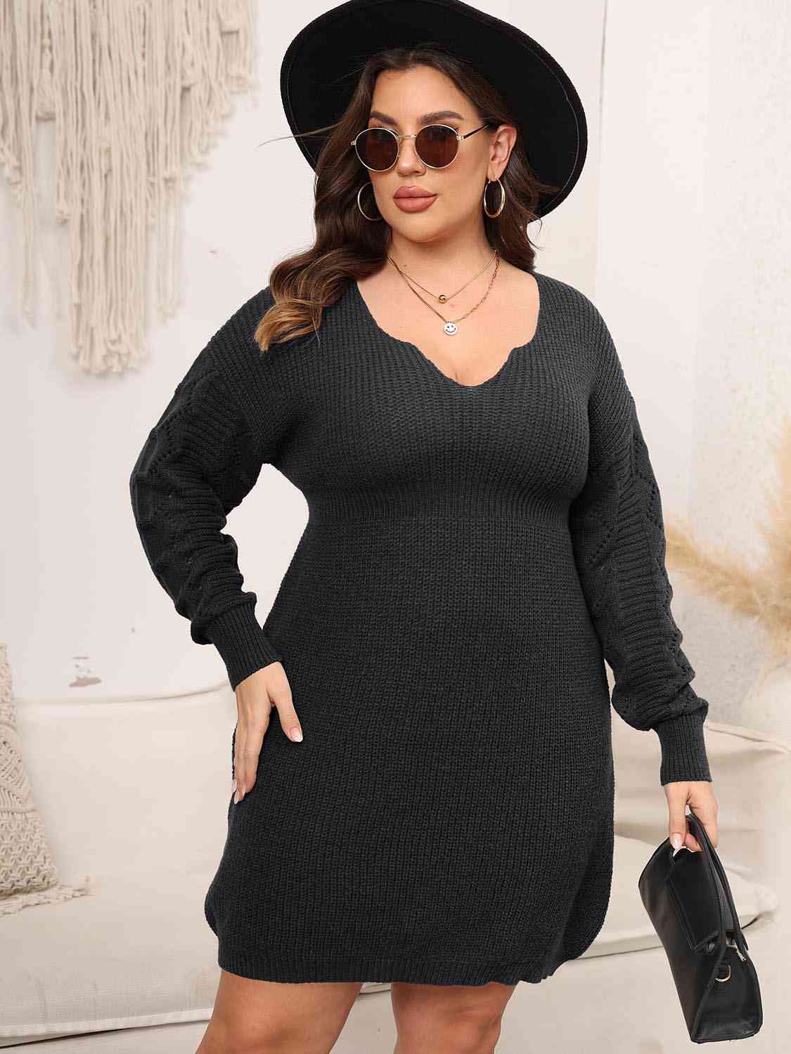 Light Gray Plus Size Dropped Shoulder Long Sleeve Knit Mini Dress Plus Size Clothes