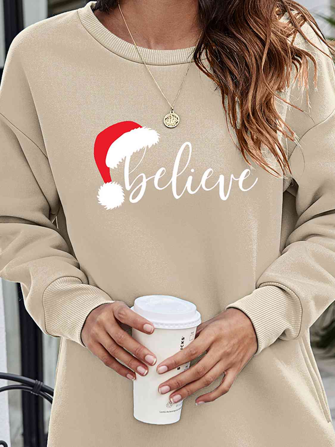 Tan BELIEVE Graphic Tunic Sweatshirt Gifts