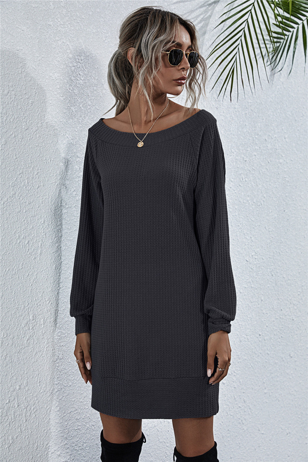 Dark Slate Gray Here For The View Waffle-Knit Boat Neck Mini Dress Mini Dresses