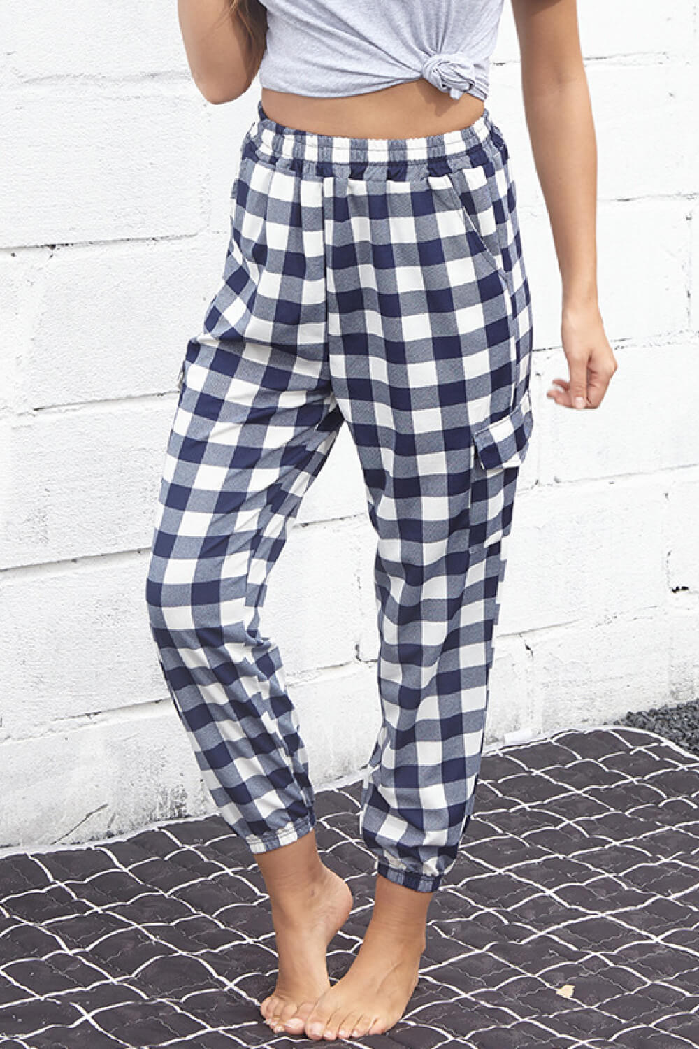 Dark Slate Gray Plaid Elastic High Waist Cargo Pants Bottoms