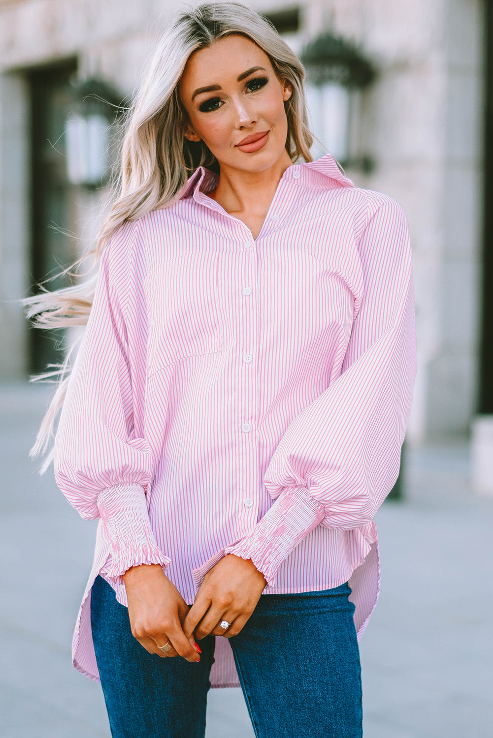 Thistle Striped Lantern Sleeve Collared Shirt Tops