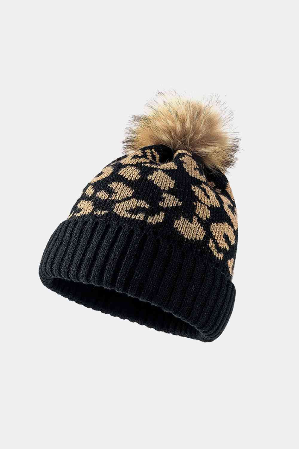 Lavender Leopard Pom-Pom Cuffed Beanie Winter Accessories