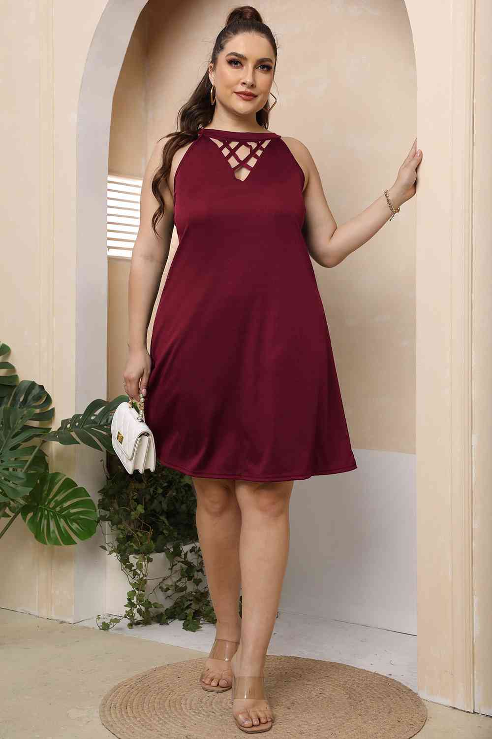 Tan Plus Size Cutout Round Neck Sleeveless Dress Plus Size Clothes