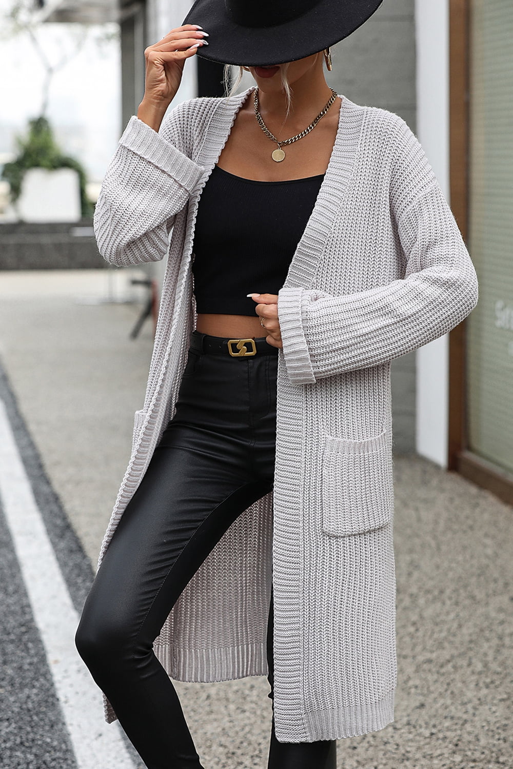 Light Slate Gray Dropped Shoulder Long Sleeve Cardigan with Pocket