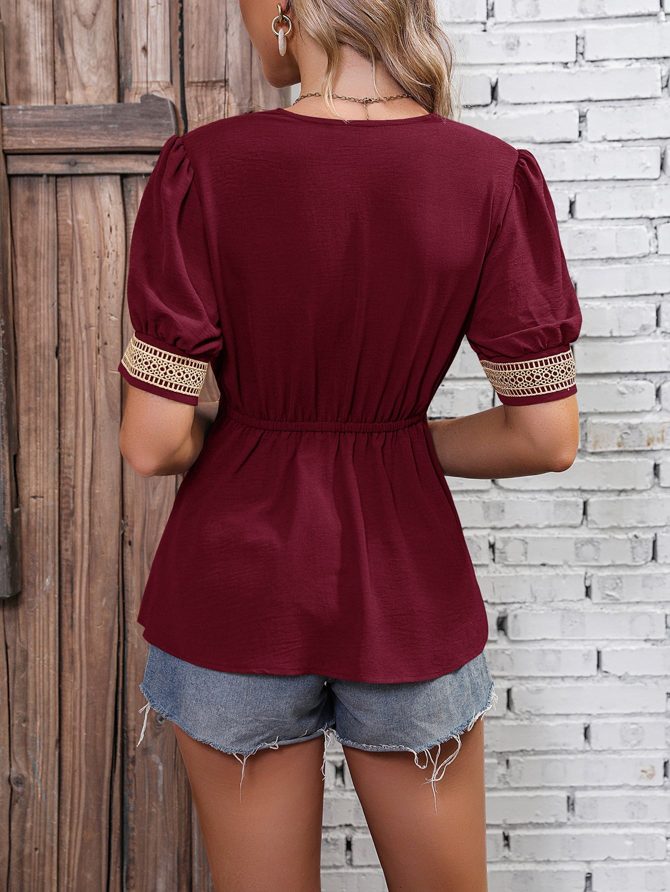 Saddle Brown Contrast V-Neck Babydoll Top Tops