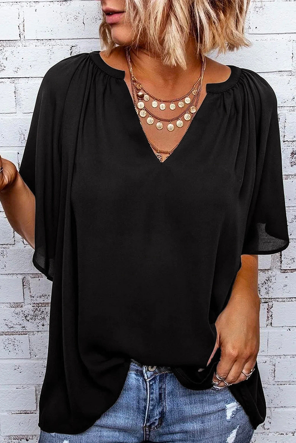 Black Simply Chic Gathered Detail Notched Neck Flutter Sleeve Top Tops