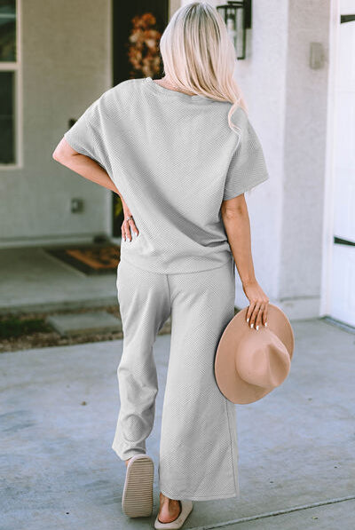 Gray Double Take Full Size Texture Short Sleeve Top and Pants Set Loungewear