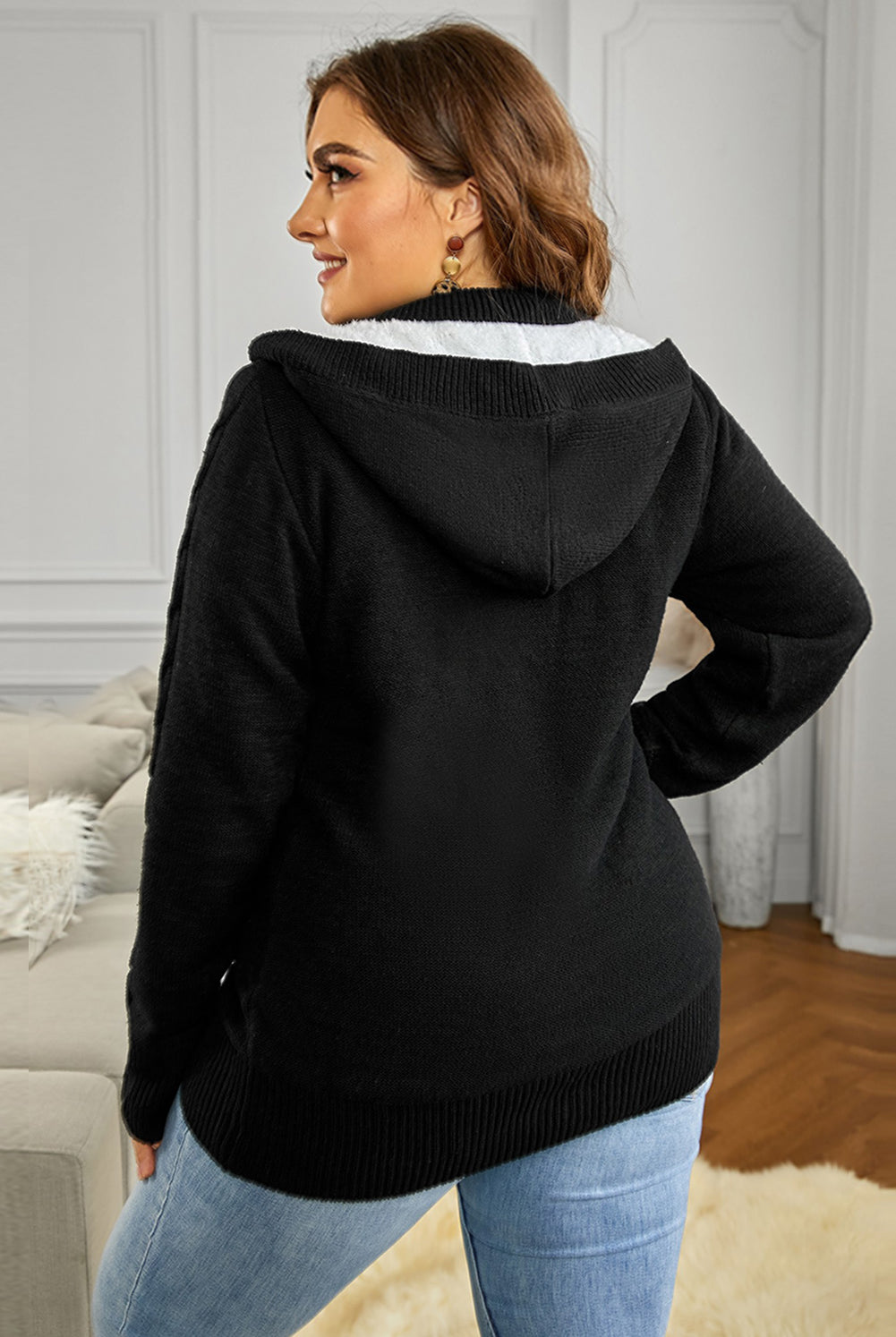 Black Forever Grateful Cable-Knit Fleece Lining Button-Up Hooded Cardigan Jacket