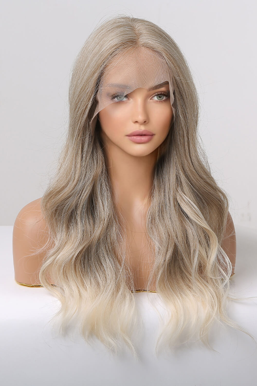 Gray Summer 13*2" Lace Front Wigs Synthetic Long Wave 24" 150% Density in Medium Blonde Highlights Wigs