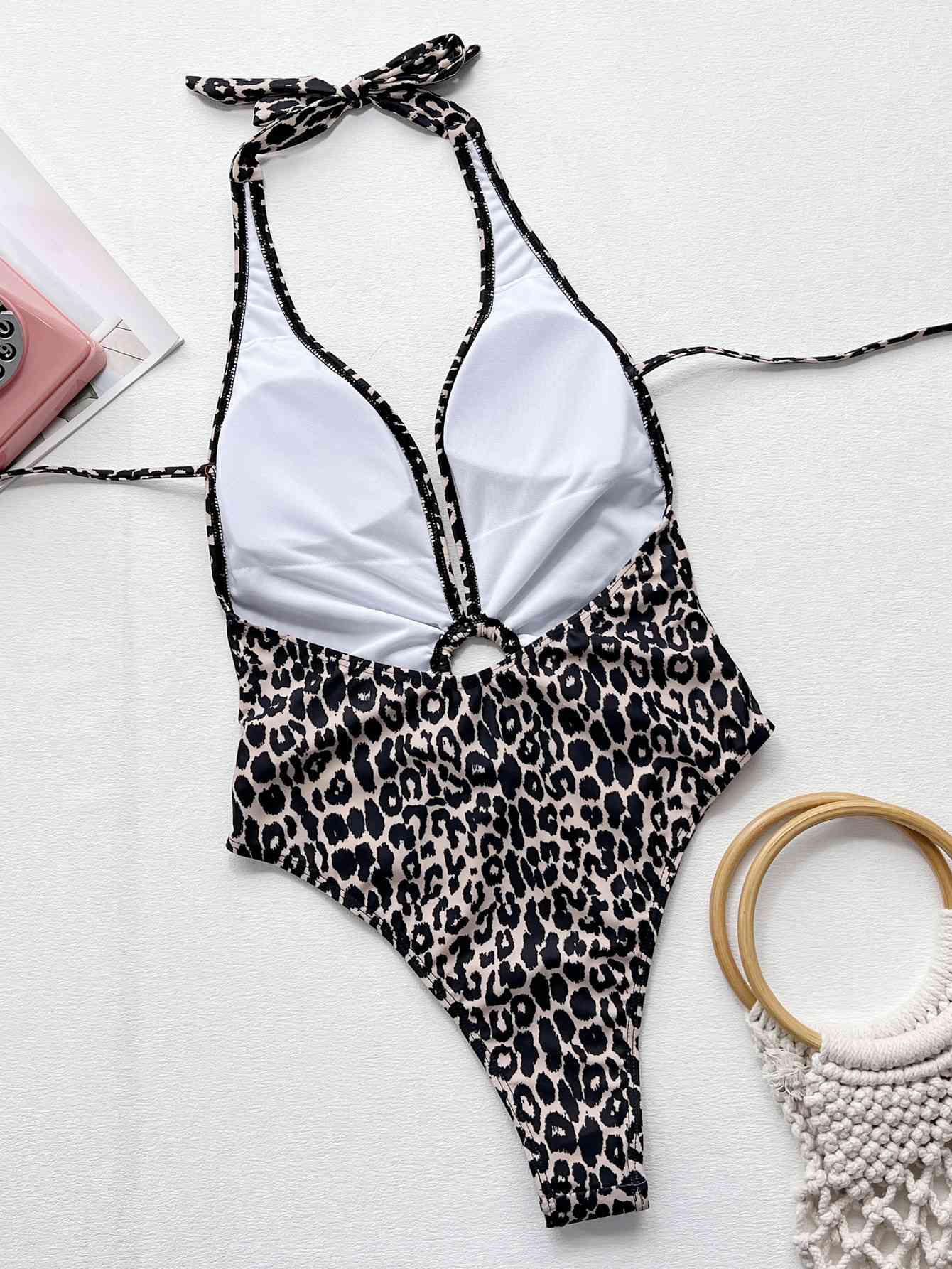 Light Gray Leopard Halter Neck Ring Detail One-Piece Swimsuit Trends