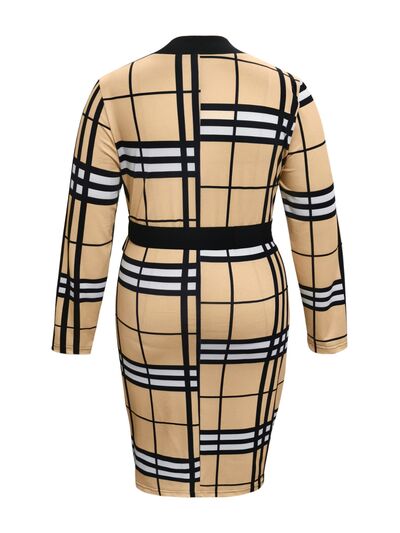 Tan Plus Size Plaid V-Neck Long Sleeve Wrap Dress New Year Looks
