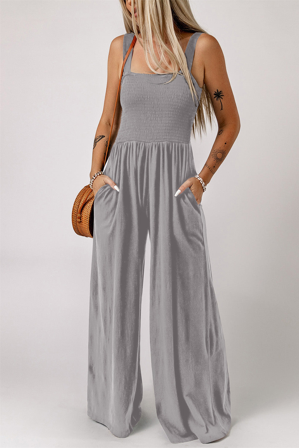 Gray Walk Humbly Smocked Square Neck Wide Leg Jumpsuit with Pockets Jumpsuits & Rompers