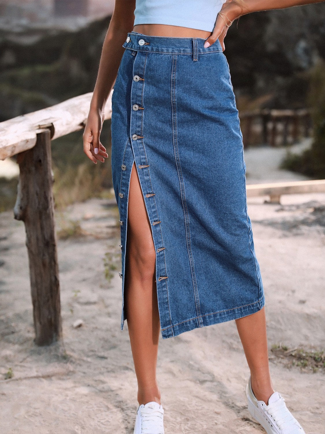 Dark Slate Gray Wifey Button Down Denim Midi Skirt Denim Skirt