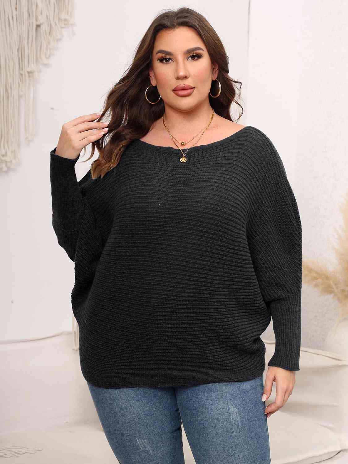 Light Gray Full Size Boat Neck Batwing Sleeve Sweater Plus Size Clothes