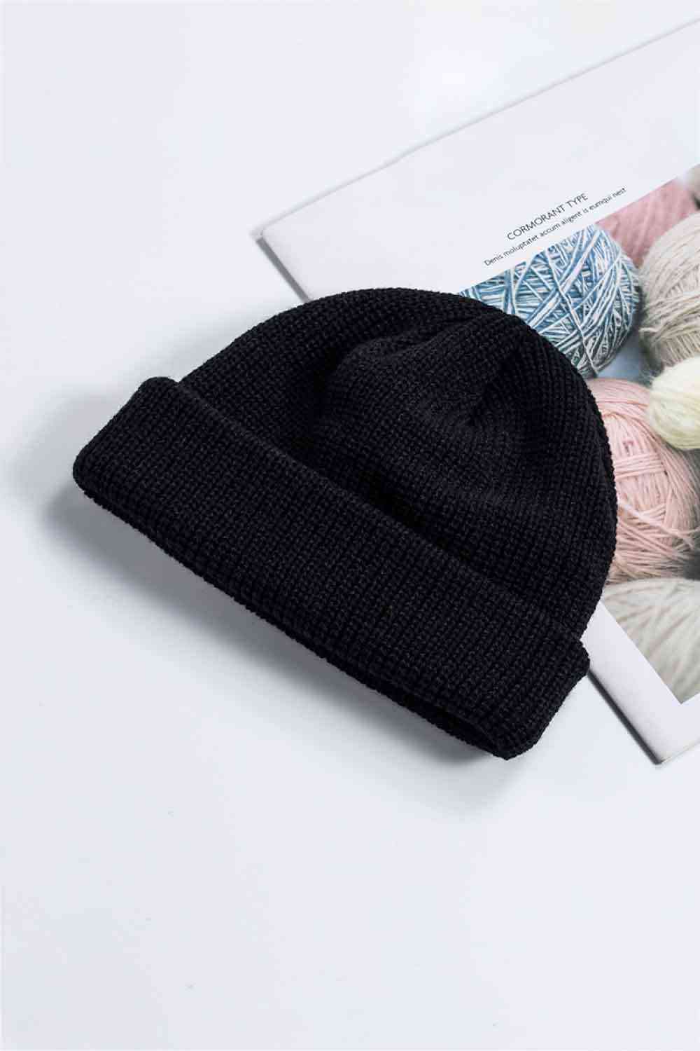 Black Cozy Rib-Knit Cuff Beanie Winter Accessories