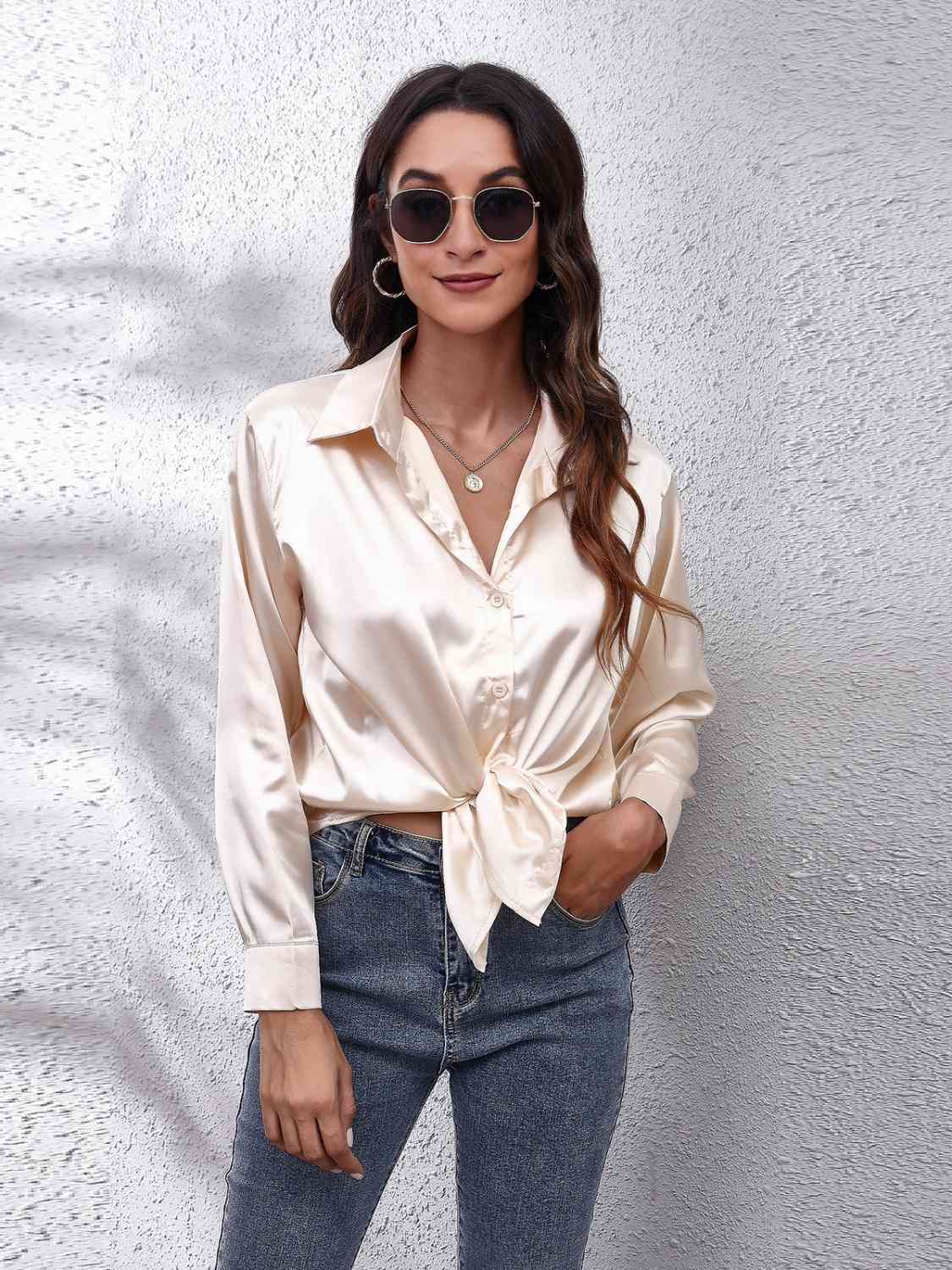 Light Gray That Girl Collared Neck Buttoned Long Sleeve Satin Shirt Long Sleeve Tops