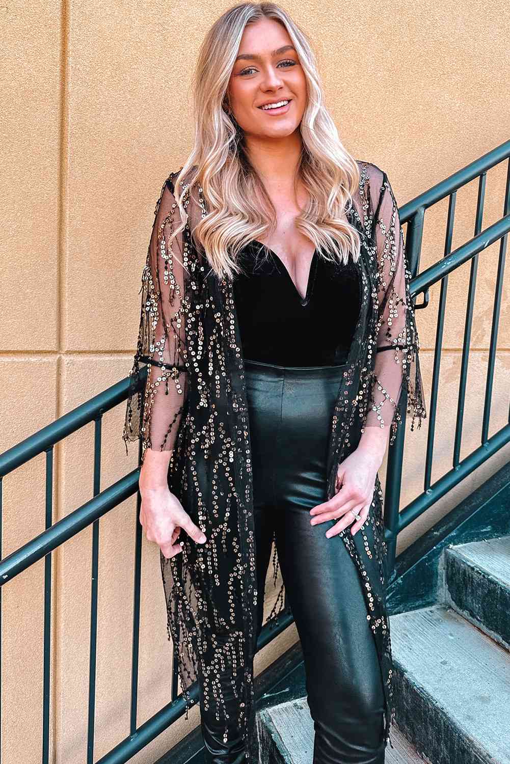 Tan Sequin Open Front Sheer Cardigan Holiday