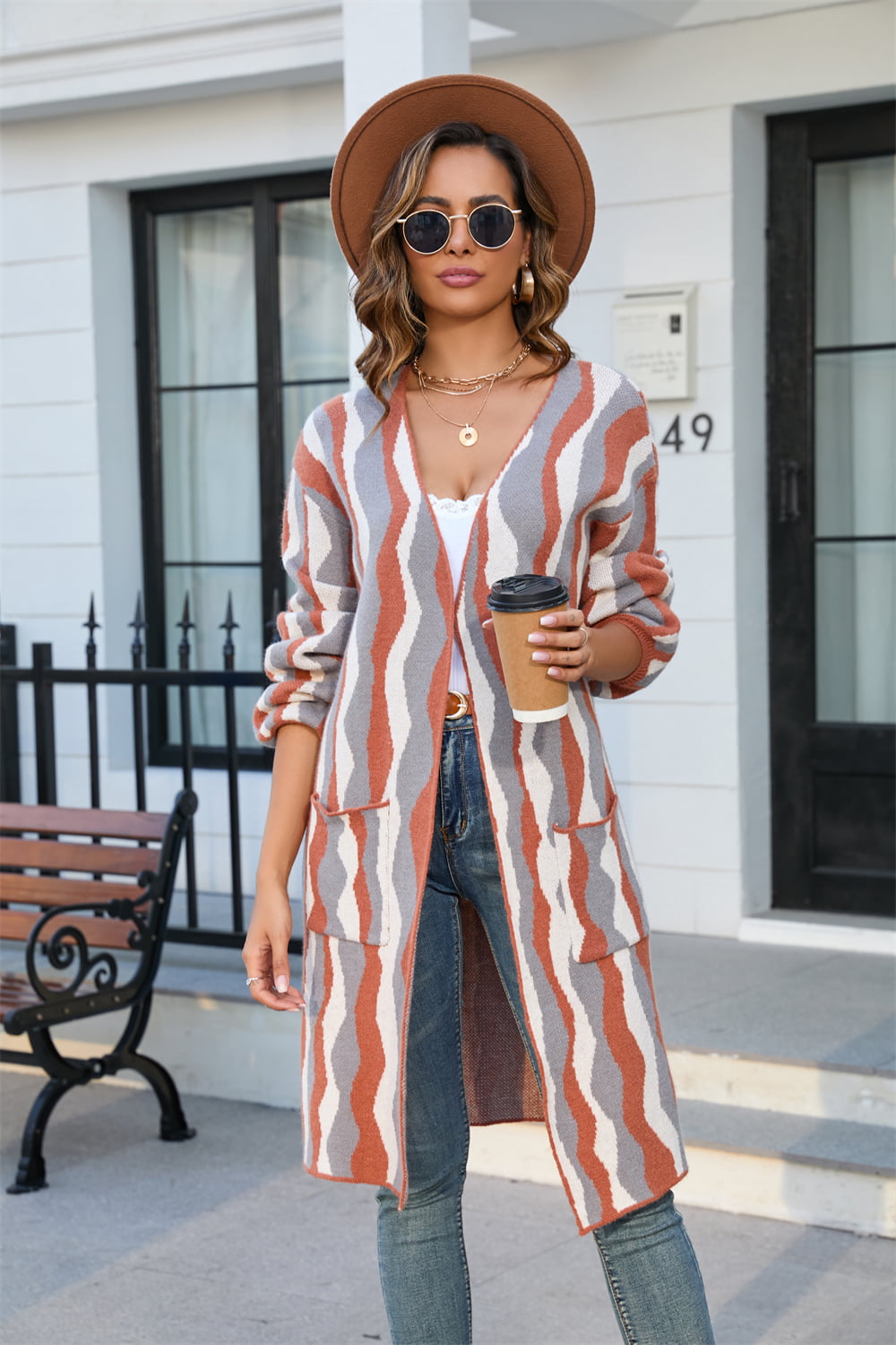 Gray Printed Open Front Pocketed Cardigan