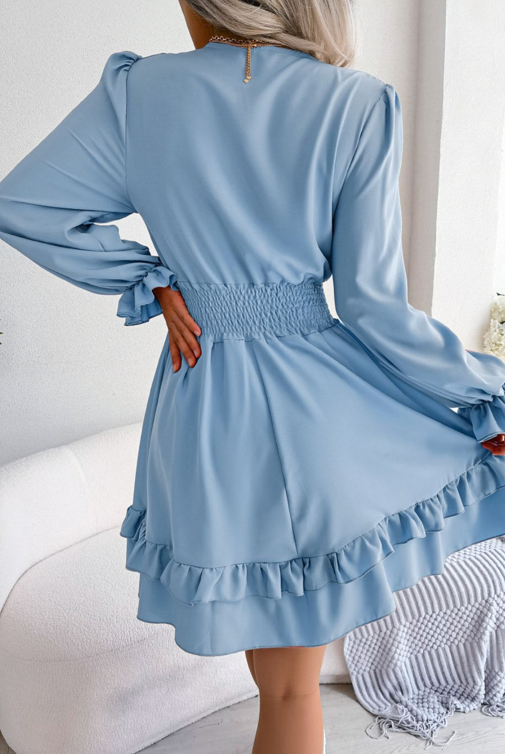 Gray Make You Happy Tie Front Smocked Waist Flounce Sleeve Dress Casual Dresses
