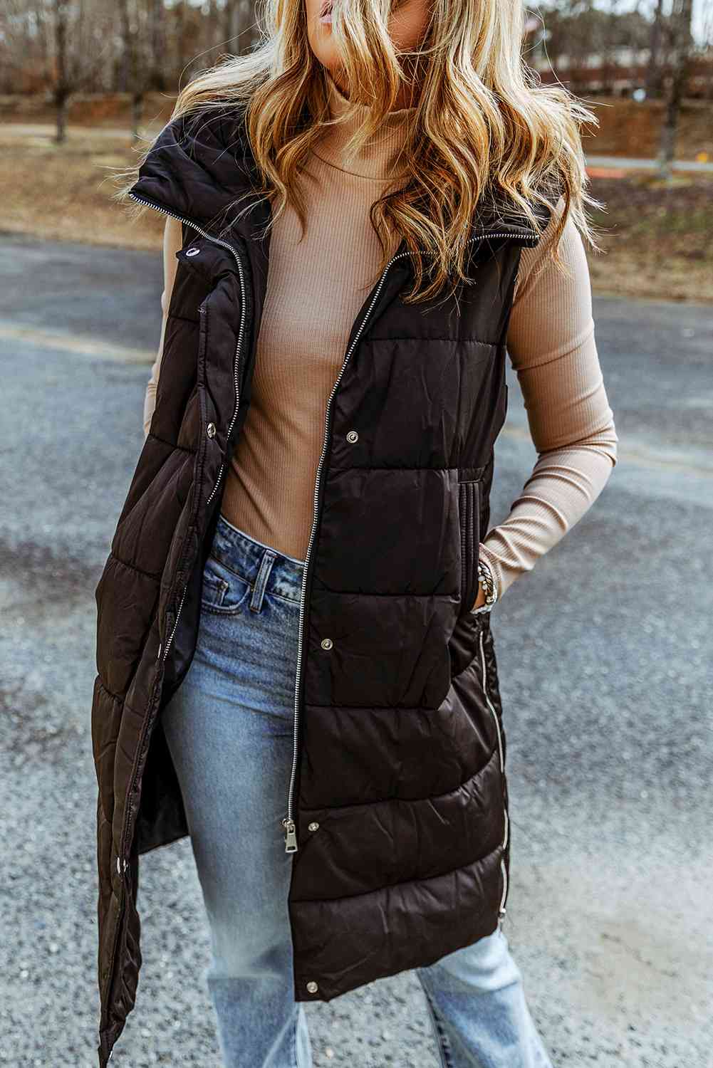 Dark Slate Gray Longline Hooded Sleeveless Puffer Vest VEST