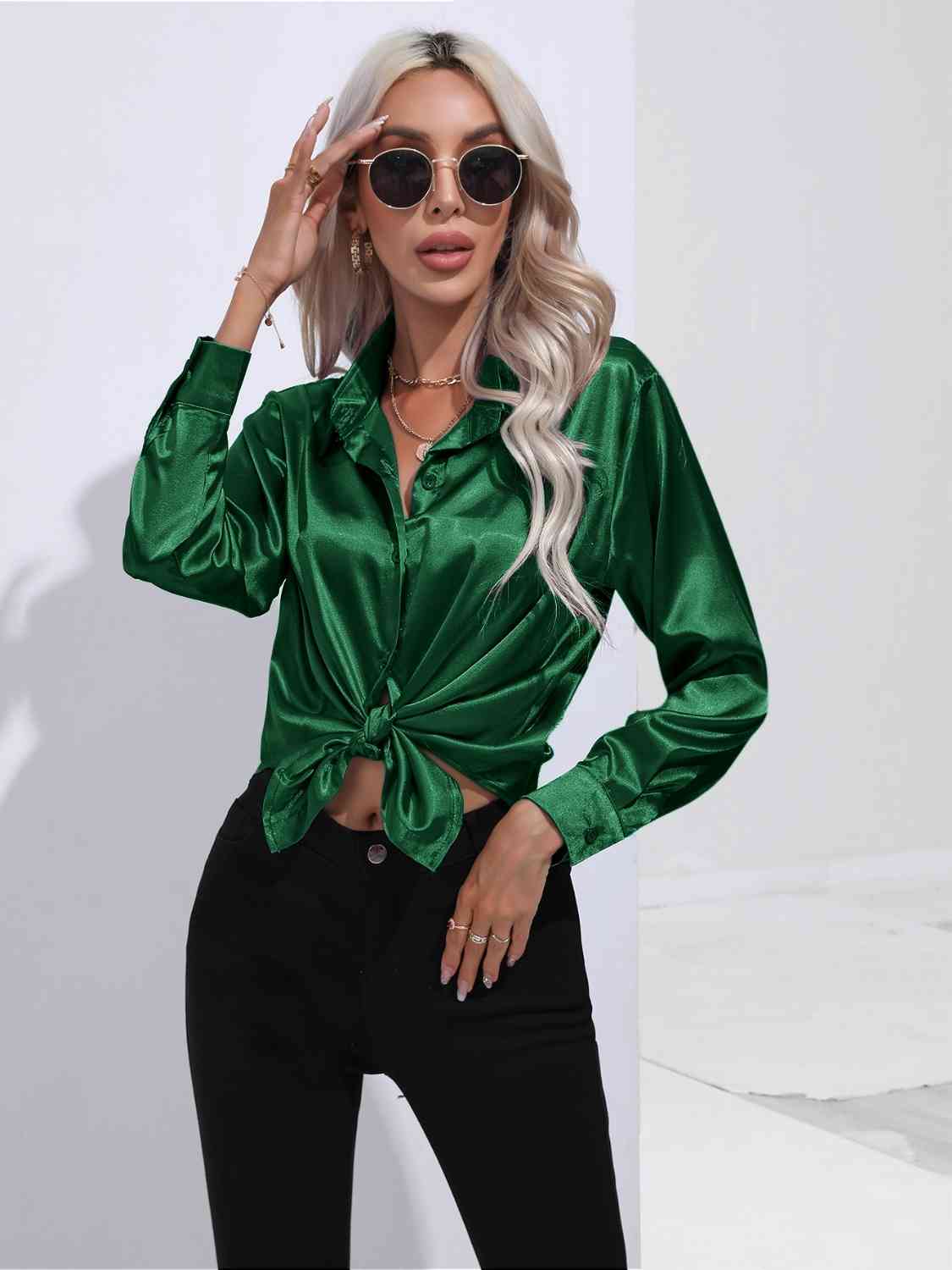Black Modern Times Collared Neck Buttoned Long Sleeve Shirt Satin Tops